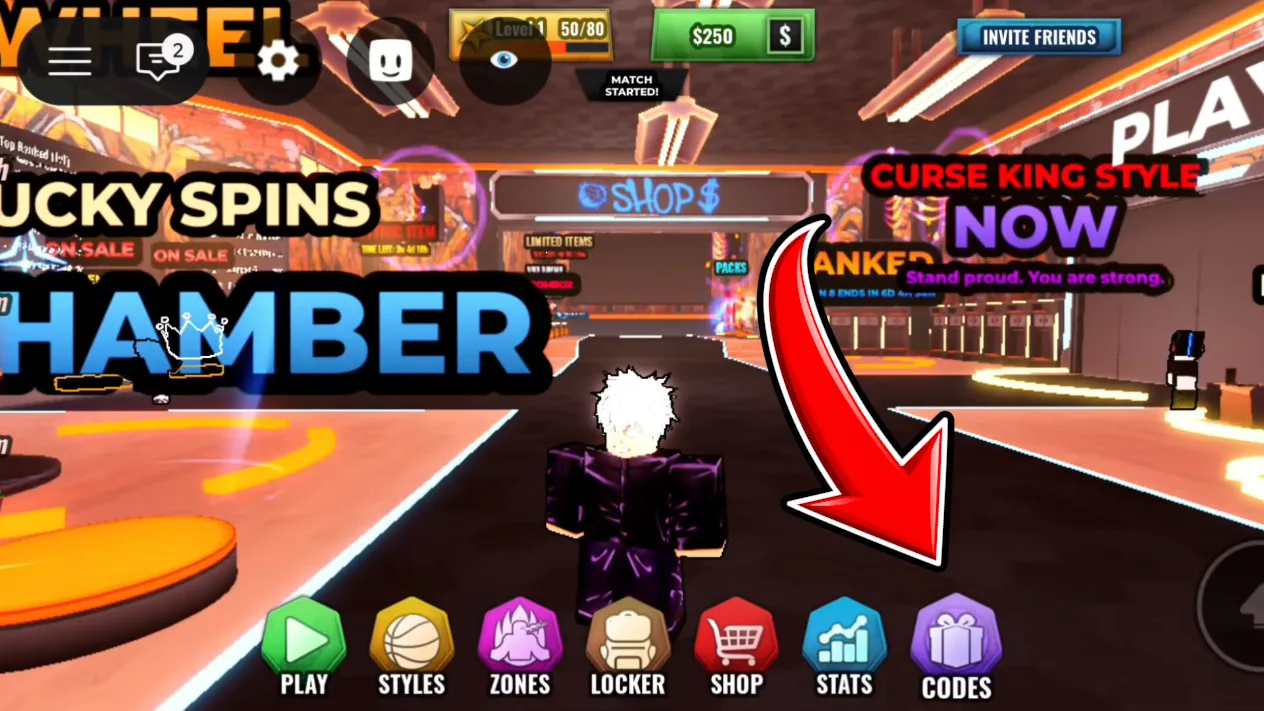 The Basketball: Zero lobby, with CODES as the purple gift icon at the right-hand end of the bottom button bar