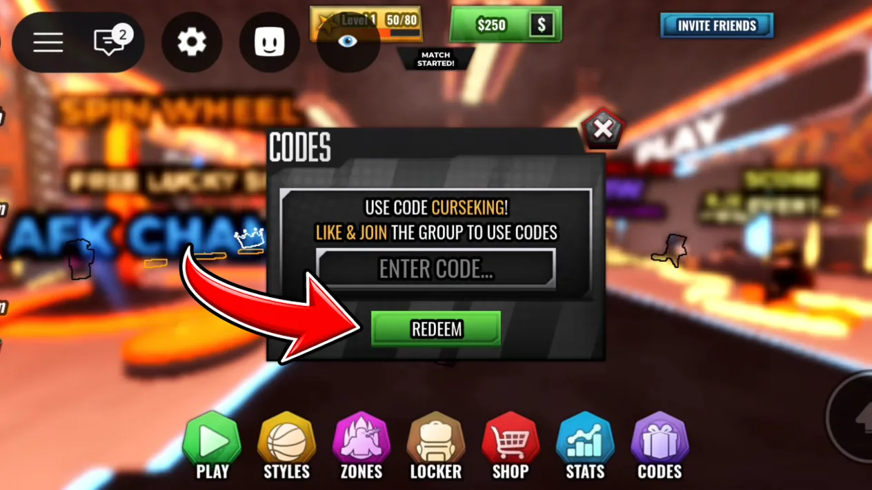 The Basketball: Zero Codes window, reading LIKE & JOIN THE GROUP TO USE CODES above the ENTER CODE box and the green REDEEM button